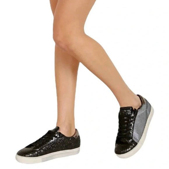 STEVE MADDEN Peyton Glitter and Snakeskin Sneaker Black 7.5 WORN ONCE - Picture 1 of 10